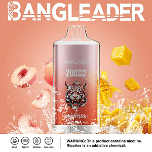 Promotional image for BangLeader's Mango Peach vape device featuring a tiger graphic, surrounded by splashes of water, peach slices, and mango cubes, with product info and a nicotine warning displayed at the bottom.