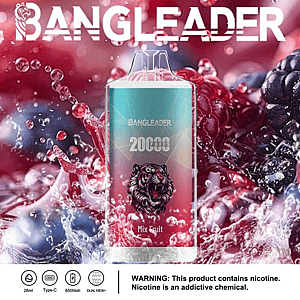 Promotional image for Bangleader vape showing the 'Mix Fruit' flavor with 20000 puffs capacity, featuring a prominent tiger graphic and a background of splashing fruits, alongside product details and a nicotine warning.