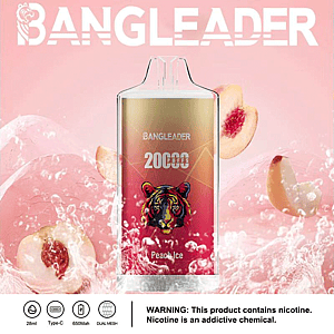 Promotional image for BangLeader Peach Ice vape featuring a tiger graphic and 20,000 puffs text, against a background of peach slices and ice cubes, with warning about nicotine content.