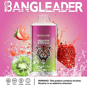 Promotional image of a Bangleader electronic vape featuring strawberry and kiwi flavors with vibrant fruits and liquid splash backdrop, emphasizing nicotine warning information and product specifications.