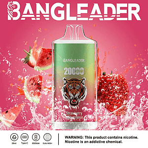 Promotional image for Bangleader vape featuring a tiger graphic and strawberry watermelon flavor, with a background of splashing red fruit and liquid, and a nicotine warning at the bottom.