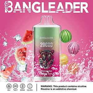 A vibrant advertisement for Bangleader Watermelon Bubble Gum vape with 20,000 puffs, featuring a colorful tiger design on the device, surrounded by images of sliced watermelon, striped gumballs, and ice cubes on a pink background with a nicotine warning label.