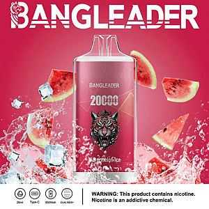 Promotional image for Bangleader's watermelon ice-flavored disposable vape with a tiger design, highlighting features like 20,000 puffs, 28ml capacity, Type-C charging, 650mAh battery, and dual mesh technology, surrounded by ice cubes and watermelon slices, with a nicotine warning at the bottom.