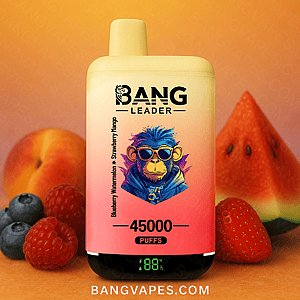 Bang Leader vape-apparaat met de smaken bosbes, watermeloen en aardbei, mango, met een sapcapaciteit van 45.000 trekjes, met een afbeelding van verschillende soorten fruit en een digitaal display dat de batterijduur weergeeft bij 88%.
