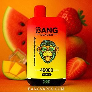 Een kleurrijk Bang Leader vape-apparaat met het opschrift "45000 puffs" en de smaken "Watermelon Ice, Strawberry en Mango" tegen een fruitige achtergrond.