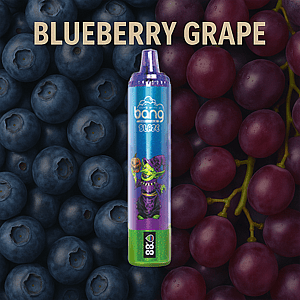 Bang Blaze vape-apparaat met bosbessen- en druivensmaak, afgebeeld tegen een achtergrond met verse bosbessen en paarse druiven, met grote tekst 'BLUEBERRY GRAPE'.