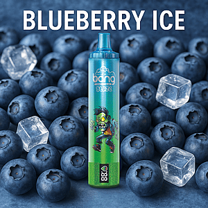 Een wegwerp-vape met het label 'Bang Blaze' in een cartoonfiguurontwerp, staand tussen verse bosbessen en ijsblokjes, met de tekst 'Blueberry Ice' erboven.