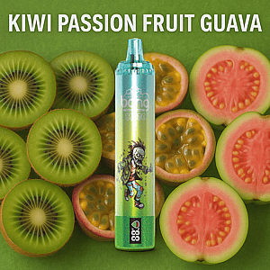 Een vape-pen met het label 'Bang Blaze' met een cartoonzombiefiguur, omringd door plakjes kiwi, passievrucht en guave, met daarboven de vetgedrukte tekst 'Kiwi Passion Fruit Guava'.