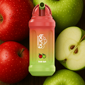 Kolorowe urządzenie do waporyzacji z etykietą „Double Apple” przedstawiającą czerwone i zielone jabłka w tle, w tym przekrojone na pół zielone jabłko z widocznymi pestkami.