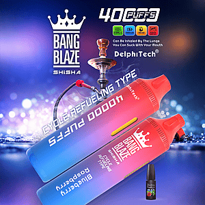 Werbebild für Bang Blaze Shisha mit zwei großen Gradient-Vape-Geräten, einer Wasserpfeife und Symbolen, die 40.000 Züge, Wiederaufladbarkeit und Blaubeer-Himbeer-Geschmack hervorheben.