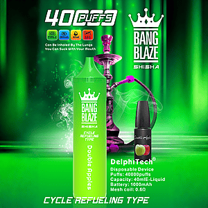 Werbung für Bang Blaze Shisha mit Double Apples-Geschmack, mit einem grünen Vape-Gerät, einer E-Liquid-Flasche und einer violetten Wasserpfeife, mit 40.000 Zügen, 40 ml Fassungsvermögen, 1.000 mAh-Akku und Zyklus-Betankungstyp vor einem leuchtend grünen Hintergrund.
