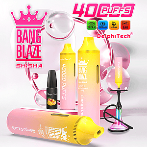 Werbebild mit Bang Blaze Shisha-Geräten in gelb-rosa Farbverlauf, einer Vape-Nachfüllflasche mit der Aufschrift „Mango Peach“, einer modernen Wasserpfeife, Produktspezifikationen und farbenfrohen Markenelementen.