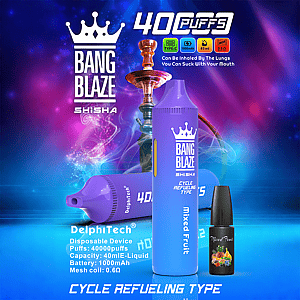 Einweg-Vape-Gerät und E-Liquid-Flasche „Bang Blaze Shisha“ mit der Aufschrift „Mixed Fruit“ und Produktmerkmalen wie 40.000 Zügen, 40 ml Fassungsvermögen, 1000 mAh-Akku und Mesh-Coil, vor einem bunten Hintergrund mit einer Wasserpfeife und Dampfeffekten.