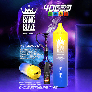 Werbebild für das Einweg-Vape-Gerät Bang Blaze Shisha mit Red Bull-Geschmack, mit Spezifikationen wie 40.000 Zügen, 40 ml E-Liquid-Kapazität, 1000 mAh-Akku, 0,6 Ω-Netzspule und Zyklusbetankungstyp, mit Bildern des Vapes, der E-Liquid-Nachfüllung, der Wasserpfeife und Raucheffekten auf einem blauen und violetten Hintergrund.
