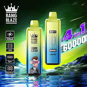 Two colorful Bang Blaze 4-in-1 disposable vape devices with digital displays, flavor indicators, and a cartoon monkey graphic, displayed against a futuristic, neon landscape with water reflections and product feature icons listed to the side.