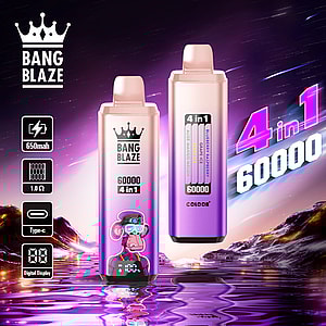 Two pink and purple Bang Blaze 4-in-1 disposable vape devices with digital display, flavor selection labels, and 60,000 puff capacity, shown against a vibrant sci-fi landscape with water and mountains, alongside product feature icons.