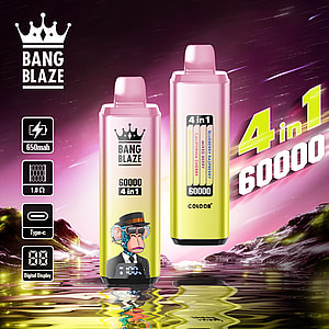 Two Bang Blaze 4-in-1 vape devices with pink and yellow gradient bodies, one featuring an illustrated monkey with glasses, displayed on a reflective water surface with a colorful, futuristic background, highlighting features like 650mAh battery, digital display, and flavors listing.