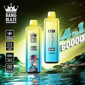 Two colorful Bang Blaze 4-in-1 disposable vape devices with 60,000 puff capacity, digital display, and monkey illustration, set against a futuristic landscape with highlighted features like 650mAh battery, Type-C port, and mesh coil.