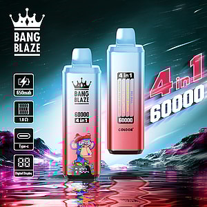 Two Bang Blaze 4-in-1 disposable vape devices with a digital display, futuristic background, and features including 650mAh battery, mesh coil, Type-C charging, and four flavor options prominently listed.