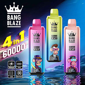 Three colorful Bang Blaze vape devices with cartoon ape designs and digital displays stand against a cosmic blue background, with bold text advertising '4 in 1', 60,000 puffs, 650mAh battery, and type-C charging.