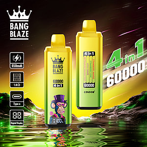 Promotional image for Bang Blaze 4 in 1 vape featuring two yellow-green vape devices, specs like 650mAh battery, Type-C charging, digital display, and 60,000 puff capacity, set against a vibrant, futuristic landscape with water reflections and neon colors.