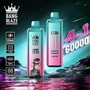 Colorful advertisement for Bang Blaze 4-in-1 vape featuring two vape devices, one with a cartoon monkey illustration, product specifications (650mAh, 1.0Ω, Type-C, digital display), and bold text highlighting '4 in 1 60000' against a futuristic landscape background.