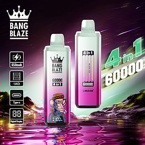 Promotional image for Bang Blaze 4-in-1 disposable vape featuring two colorful vape devices with digital display, product specs (650mAh, 1.0Ω, Type-C, digital display), and flavors listed, set against a vibrant, futuristic landscape.