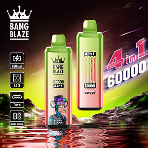 Two Bang Blaze 4-in-1 disposable vape devices with digital display and colorful design, set against a surreal neon landscape with product specifications on the left and large '4 in 1 60000' text on the right.