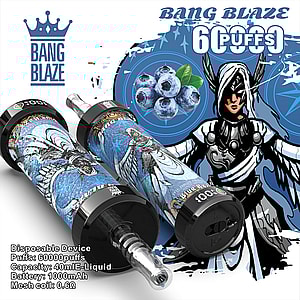 Promotional image for Bang Blaze disposable vape device featuring a blueberry flavor design, stylized winged character artwork, two vape pens in the foreground, blueberries, and product specifications including 60000 puffs, 40ml e-liquid capacity, 1000mAh battery, and 0.6Ω mesh coil.