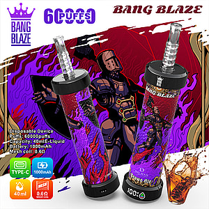 Two Bang Blaze disposable vape devices with colorful, comic-style artwork featuring a knight in futuristic armor, set against a vibrant purple and red background, alongside product specifications and icons highlighting 60,000 puffs, 40 ml e-liquid, 1000 mAh battery, and mesh coil.