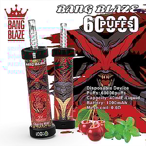 Bang Blaze Cherry Mint disposable vape device featuring a devil-themed design, displayed with cherries and mint leaves, product specifications, and branding details.