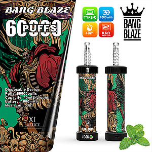 Promotional image for Bang Blaze disposable vape featuring a stylized skeleton warrior graphic, highlighting 60,000 puffs, 40ml e-liquid capacity, 1000mAh battery, 0.6Ω mesh coil, Type-C charging, and mint flavor.
