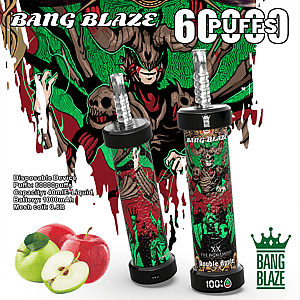 Bang Blaze Double Apple disposable vape device with a fantasy-themed, demon-inspired design, green and red color scheme, and images of whole and sliced apples, highlighting product features such as 60000 puffs, 40ml e-liquid capacity, 1000mAh battery, and 0.6Ω mesh coil.