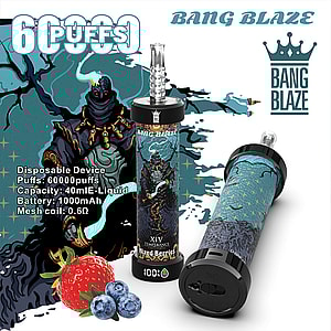 Promotional image for Bang Blaze disposable vape device with 60,000 puffs, featuring a fantasy-themed design, technical specifications, fresh berries, and product branding.