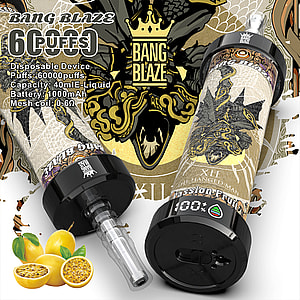 Bang Blaze disposable vape device with ornate design, labeled for passion fruit flavor, showing product details like 60,000 puffs, 40mL e-liquid capacity, and 1000mAh battery, with passion fruit fruits pictured.