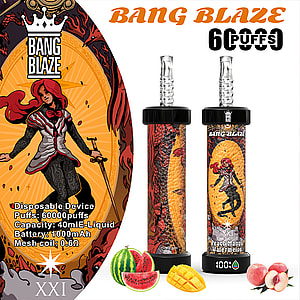 Bang Blaze disposable vape device packaging featuring a red-haired, tattooed female warrior with a sword, two colorful vape devices showing the same character, and images of watermelon, mango, and peach fruits representing the flavor.