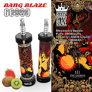 Bang Blaze disposable vape device in a red and yellow fantasy design labeled 'Strawberry Kiwi' with strawberries and kiwis, advertising 60,000 puffs, 40ml e-liquid capacity, 1000mAh battery, and mesh coil 0.6Ω.
