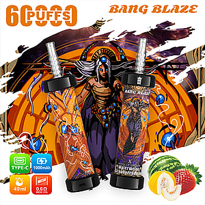 Colorful vaping devices labeled 'Bang Blaze' with fantasy artwork, set against an illustrated background of a mystical woman; icons indicate features like 6000 puffs, Type-C charging, 1000mAh battery, 40ml capacity, mesh coil, and watermelon, strawberry, and melon flavors.