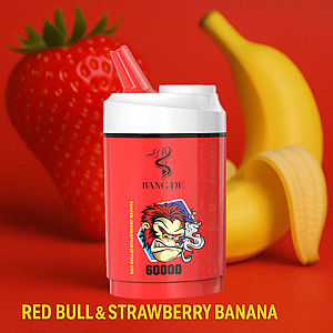 Dispositivo de vapeo Bang De rojo y blanco con un logotipo de mono de dibujos animados, colocado frente a una fresa y un plátano grandes, con el sabor "Red Bull & Strawberry Banana" escrito debajo.
