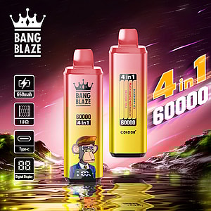 Two Bang Blaze 4-in-1 disposable vape devices with digital displays, vibrant pink and yellow gradient designs, one featuring a cartoon monkey in a suit, set against a surreal neon landscape with prominent product specifications and '60,000' puffs emphasized.