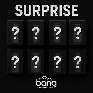 A graphic with eight black mystery boxes each featuring a large question mark, the word 'SURPRISE' at the top, and the Bang Vapes logo with website at the bottom.