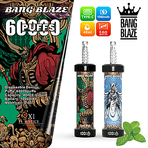 Promotiefoto voor Bang Blaze wegwerp-vapes, met twee geïllustreerde vapes met fantasiefiguren, productspecificaties zoals 60.000 trekjes, 40 ml e-liquidcapaciteit, 1000 mAh-batterij en mesh-coil, naast de smaaknamen Cool Mint en Blue Razz, en muntblaadjes als decoratief element.