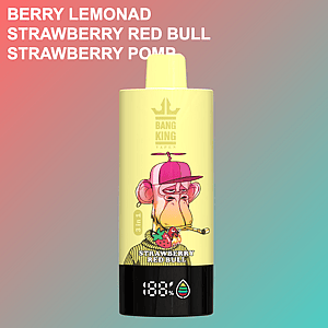 Yellow Bang King vape device featuring a cartoon monkey with a beanie, labeled 'Strawberry Red Bull,' against a pink and teal gradient background with flavor options listed in bold white text.