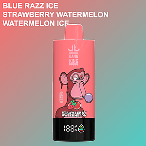 Pink Bang King vape device with a cartoon ape blowing bubblegum, strawberries and watermelon illustration, and flavor Strawberry Watermelon, against a pink and teal gradient background with additional flavor names Blue Razz Ice and Watermelon Ice listed above.