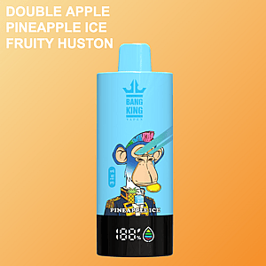 Light blue Bang King vape device featuring a cartoon monkey with a colorful mohawk, military uniform, and a pineapple ice flavor indication, set against a gradient orange background with text listing flavors: Double Apple, Pineapple Ice, and Fruity Huston.