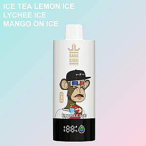 Bang King Vapen disposable vape device featuring a cartoon monkey with a black cap, labeled "Lychee Ice" and displaying images of lychee, ice, and a drink, against a pastel gradient background with a list of three vape flavors.