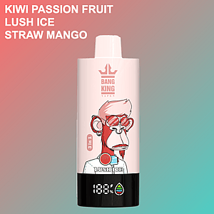 Bang King Vapen 3-in-1 vape device featuring an illustrated monkey wearing red sunglasses, with flavor options kiwi passion fruit, lush ice, and straw mango listed in bold white text on a pink and teal gradient background.