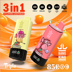 Advertisement for Bang King Vape showing two colorful vape devices featuring cartoon monkeys, highlighting flavors like Strawberry Redbull and Strawberry Watermelon, and promoting 3 adjustable flavors, 85,000 puffs, and a 600mAh battery.