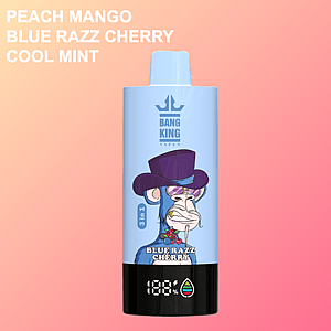 Bang King Vapen e-cigarette device with a cartoon ape wearing a purple hat and glasses labeled 'Blue Razz Cherry,' displayed on a peach-pink gradient background with text listing flavors: Peach Mango, Blue Razz Cherry, and Cool Mint.