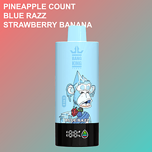 Blue Bang King vape device with an illustrated icy monkey and mixed berries, against a gradient pink and teal background with text listing Pineapple Count, Blue Razz, and Strawberry Banana flavors.